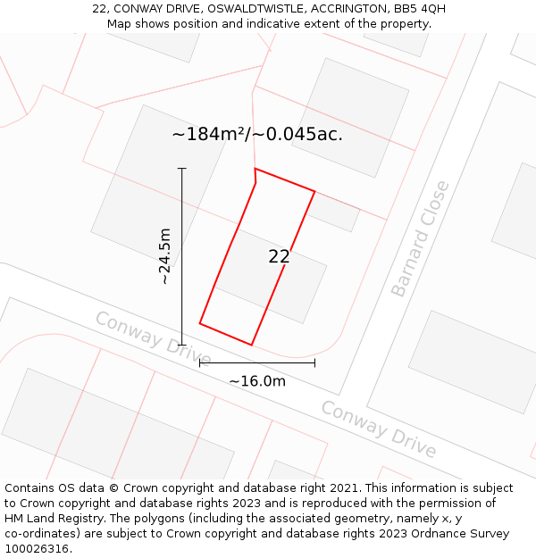 22, CONWAY DRIVE, OSWALDTWISTLE, ACCRINGTON, BB5 4QH: Plot and title map