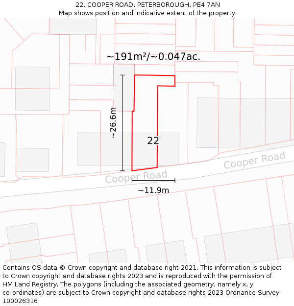 22, COOPER ROAD, PETERBOROUGH, PE4 7AN: Plot and title map