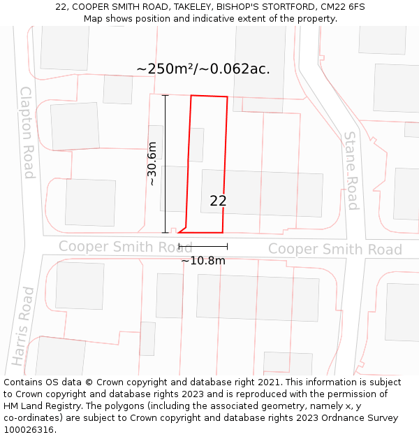 22, COOPER SMITH ROAD, TAKELEY, BISHOP'S STORTFORD, CM22 6FS: Plot and title map
