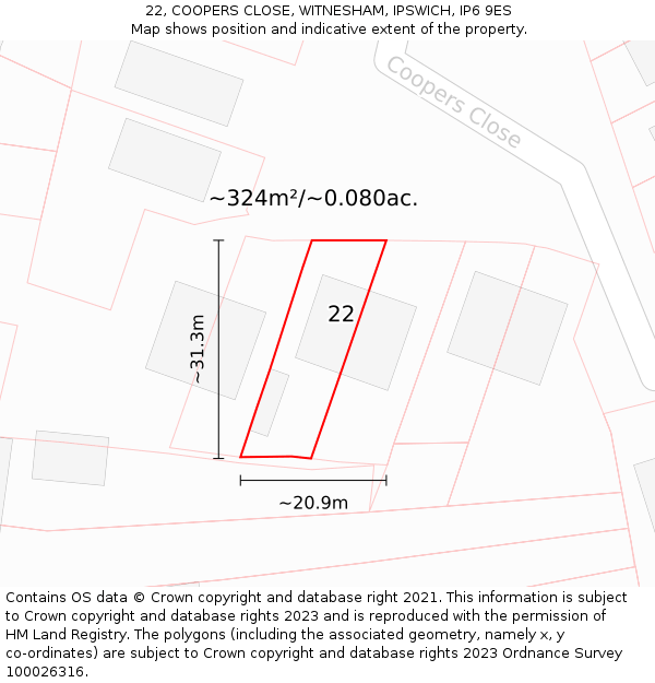 22, COOPERS CLOSE, WITNESHAM, IPSWICH, IP6 9ES: Plot and title map