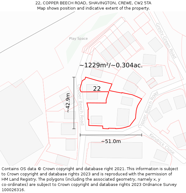 22, COPPER BEECH ROAD, SHAVINGTON, CREWE, CW2 5TA: Plot and title map
