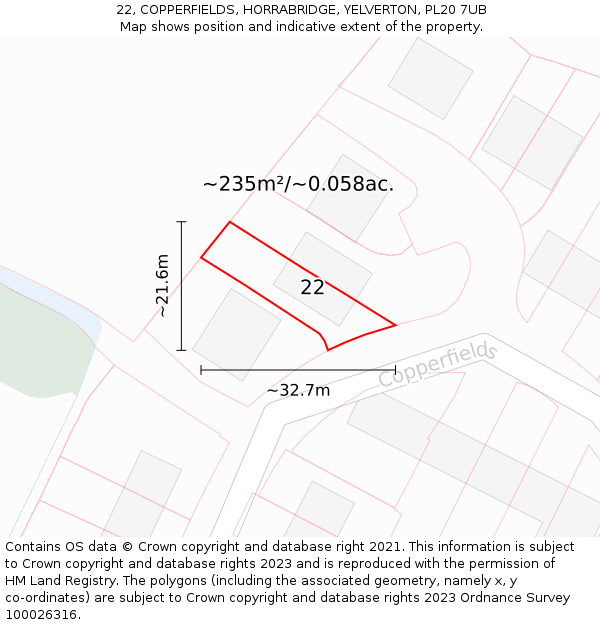 22, COPPERFIELDS, HORRABRIDGE, YELVERTON, PL20 7UB: Plot and title map