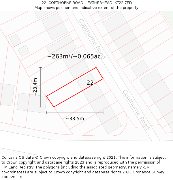 22, COPTHORNE ROAD, LEATHERHEAD, KT22 7ED: Plot and title map