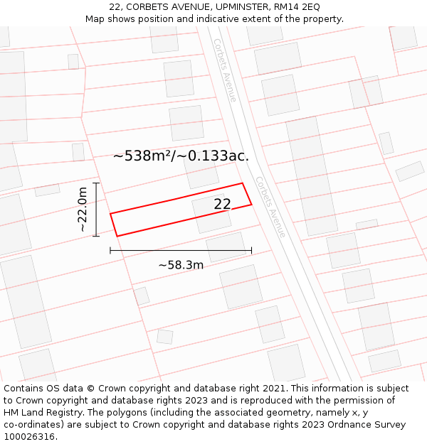 22, CORBETS AVENUE, UPMINSTER, RM14 2EQ: Plot and title map
