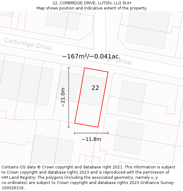 22, CORBRIDGE DRIVE, LUTON, LU2 9UH: Plot and title map