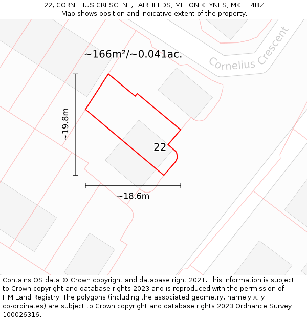 22, CORNELIUS CRESCENT, FAIRFIELDS, MILTON KEYNES, MK11 4BZ: Plot and title map