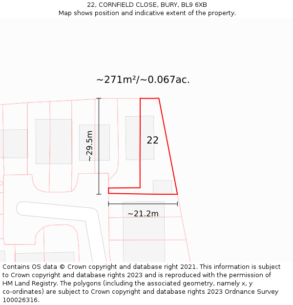 22, CORNFIELD CLOSE, BURY, BL9 6XB: Plot and title map