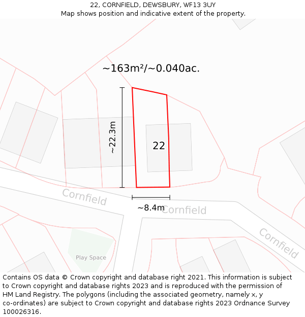22, CORNFIELD, DEWSBURY, WF13 3UY: Plot and title map