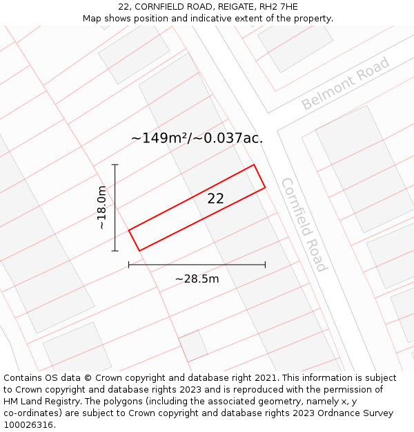 22, CORNFIELD ROAD, REIGATE, RH2 7HE: Plot and title map