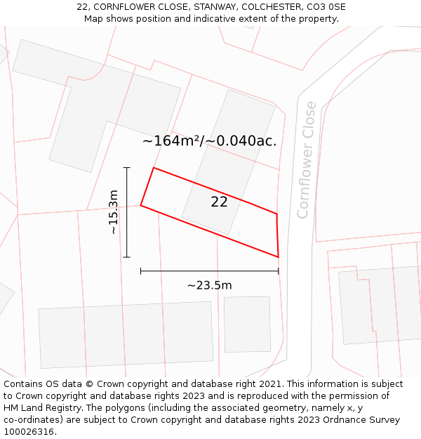 22, CORNFLOWER CLOSE, STANWAY, COLCHESTER, CO3 0SE: Plot and title map