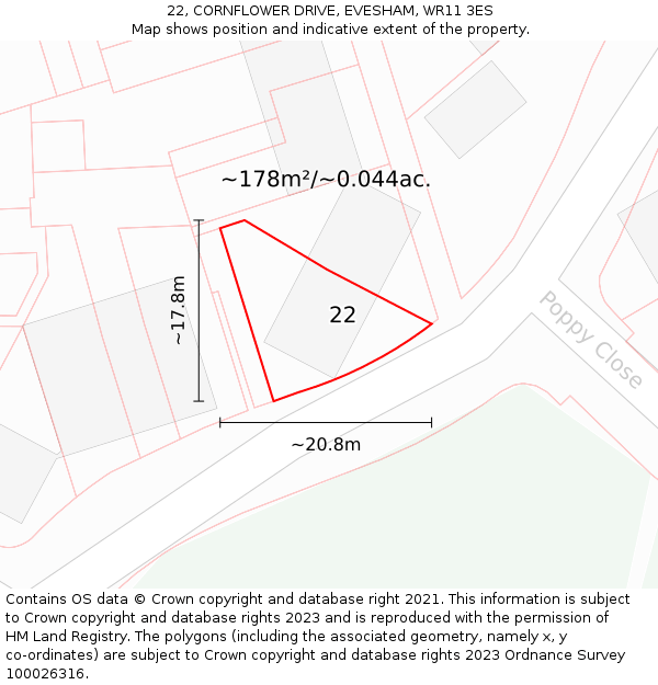 22, CORNFLOWER DRIVE, EVESHAM, WR11 3ES: Plot and title map