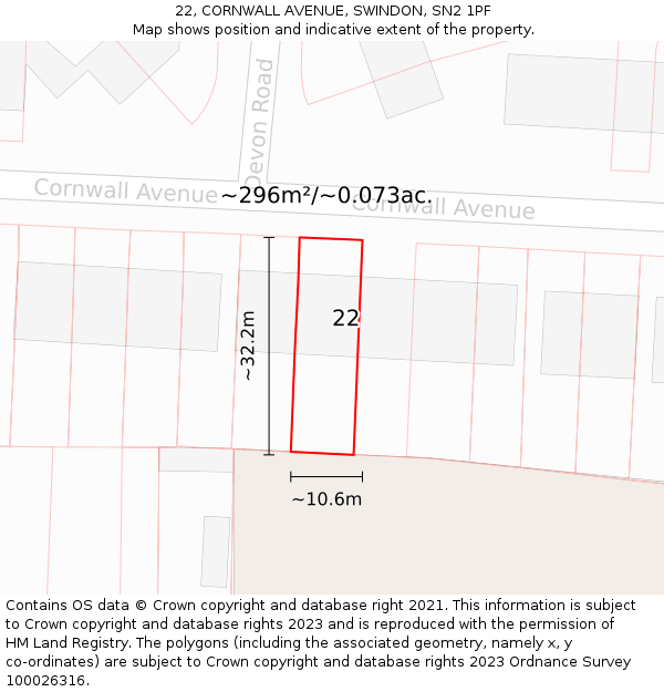 22, CORNWALL AVENUE, SWINDON, SN2 1PF: Plot and title map