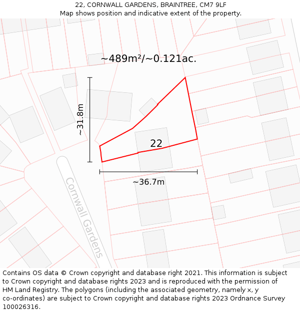 22, CORNWALL GARDENS, BRAINTREE, CM7 9LF: Plot and title map