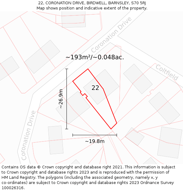 22, CORONATION DRIVE, BIRDWELL, BARNSLEY, S70 5RJ: Plot and title map