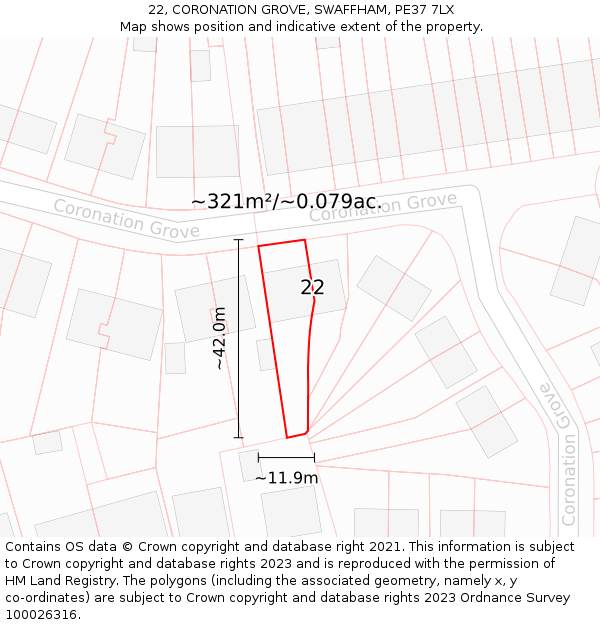 22, CORONATION GROVE, SWAFFHAM, PE37 7LX: Plot and title map