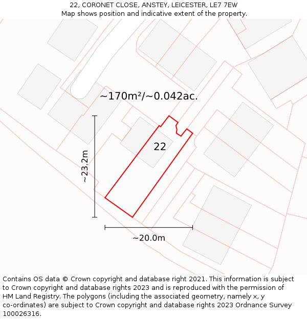 22, CORONET CLOSE, ANSTEY, LEICESTER, LE7 7EW: Plot and title map