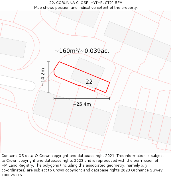 22, CORUNNA CLOSE, HYTHE, CT21 5EA: Plot and title map
