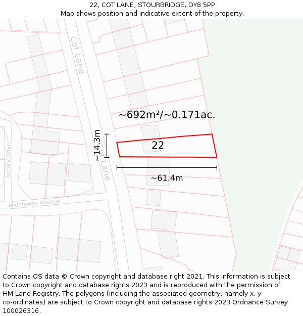 22, COT LANE, STOURBRIDGE, DY8 5PP: Plot and title map
