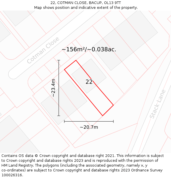22, COTMAN CLOSE, BACUP, OL13 9TT: Plot and title map