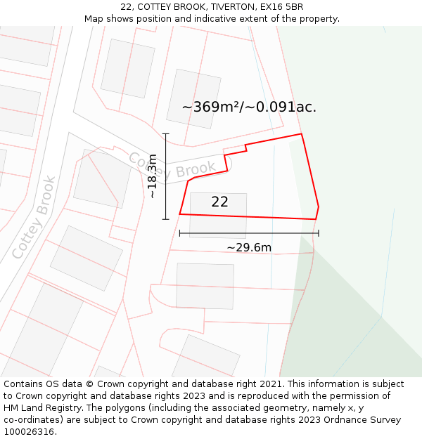 22, COTTEY BROOK, TIVERTON, EX16 5BR: Plot and title map