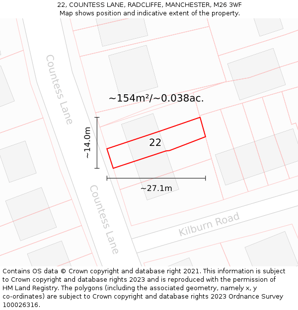 22, COUNTESS LANE, RADCLIFFE, MANCHESTER, M26 3WF: Plot and title map