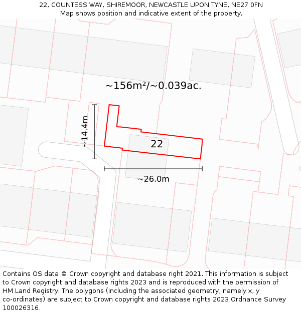 22, COUNTESS WAY, SHIREMOOR, NEWCASTLE UPON TYNE, NE27 0FN: Plot and title map