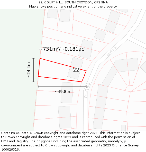22, COURT HILL, SOUTH CROYDON, CR2 9NA: Plot and title map
