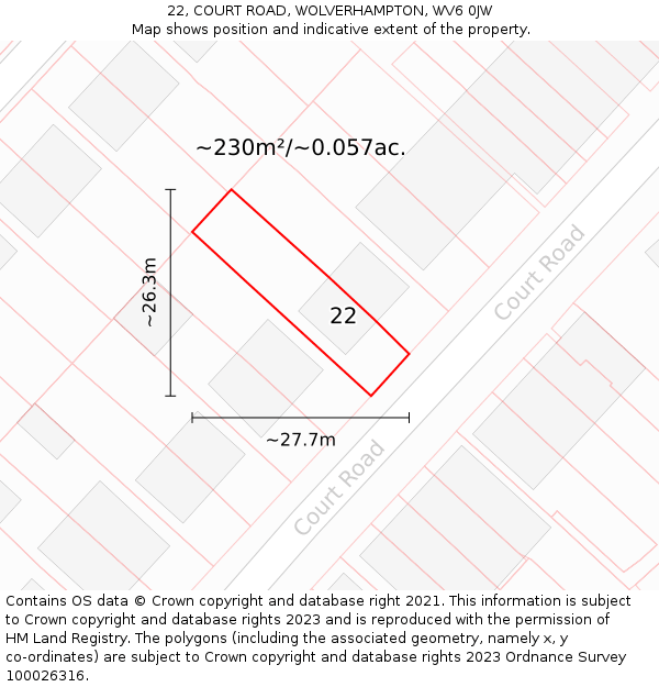 22, COURT ROAD, WOLVERHAMPTON, WV6 0JW: Plot and title map