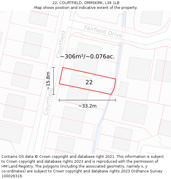 22, COURTFIELD, ORMSKIRK, L39 1LB: Plot and title map