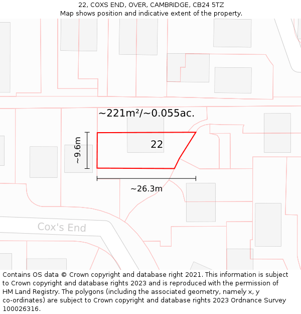 22, COXS END, OVER, CAMBRIDGE, CB24 5TZ: Plot and title map