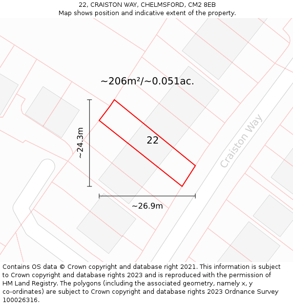 22, CRAISTON WAY, CHELMSFORD, CM2 8EB: Plot and title map