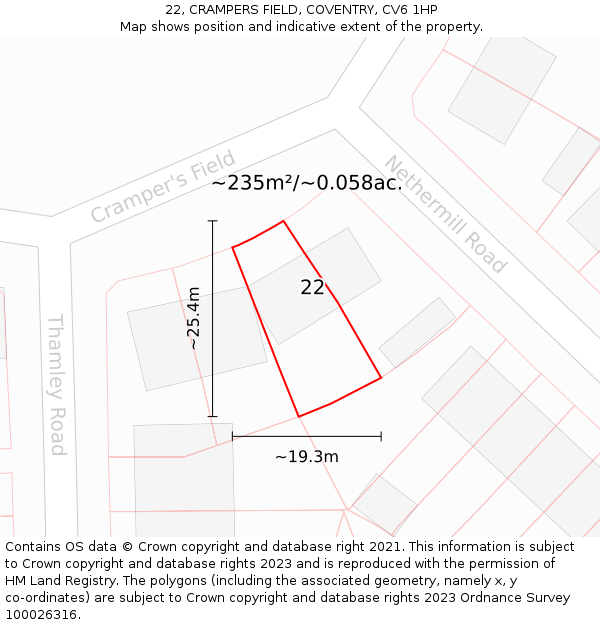 22, CRAMPERS FIELD, COVENTRY, CV6 1HP: Plot and title map