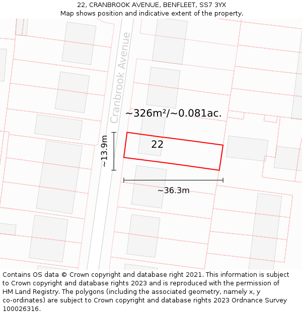 22, CRANBROOK AVENUE, BENFLEET, SS7 3YX: Plot and title map