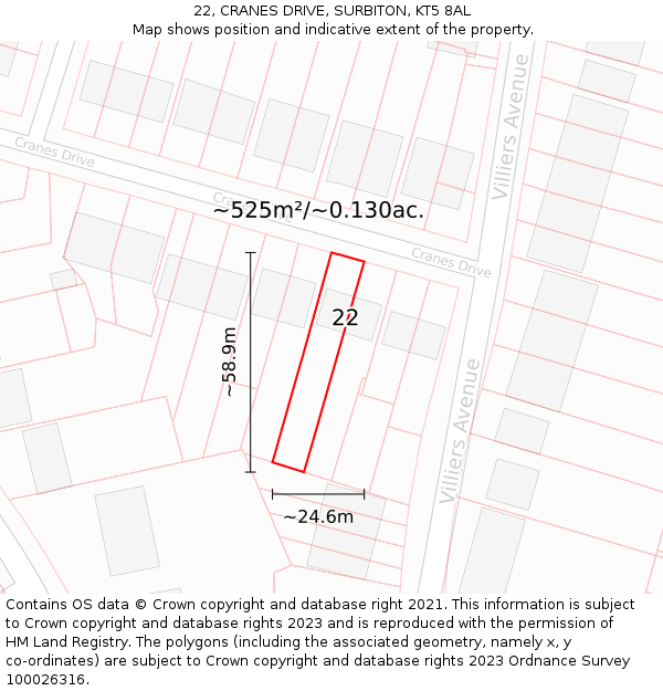 22, CRANES DRIVE, SURBITON, KT5 8AL: Plot and title map