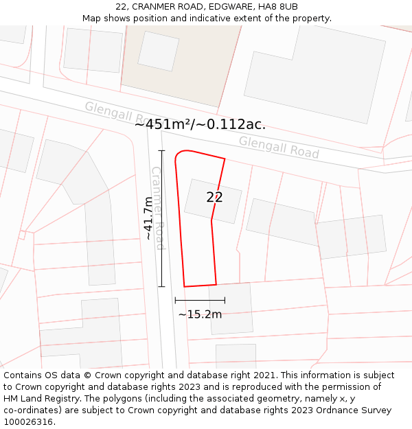22, CRANMER ROAD, EDGWARE, HA8 8UB: Plot and title map