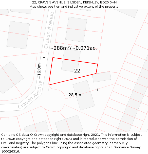 22, CRAVEN AVENUE, SILSDEN, KEIGHLEY, BD20 0HH: Plot and title map
