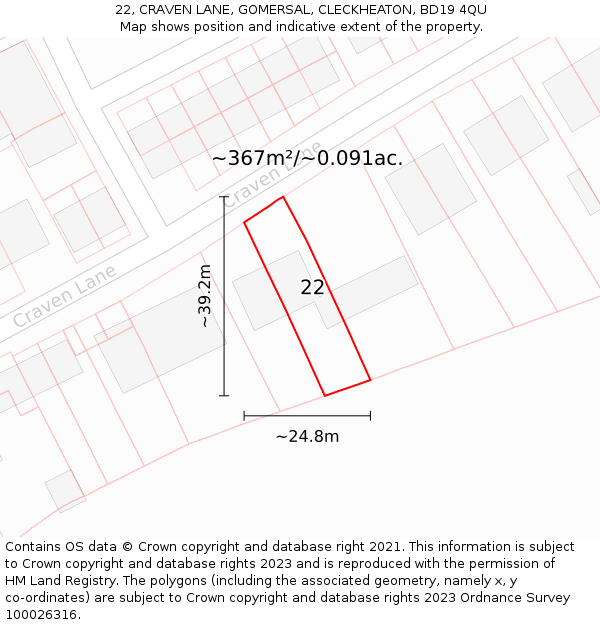 22, CRAVEN LANE, GOMERSAL, CLECKHEATON, BD19 4QU: Plot and title map