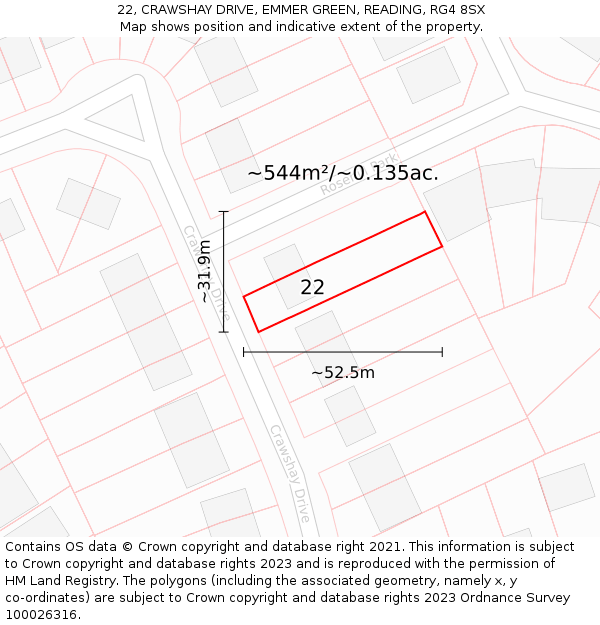 22, CRAWSHAY DRIVE, EMMER GREEN, READING, RG4 8SX: Plot and title map