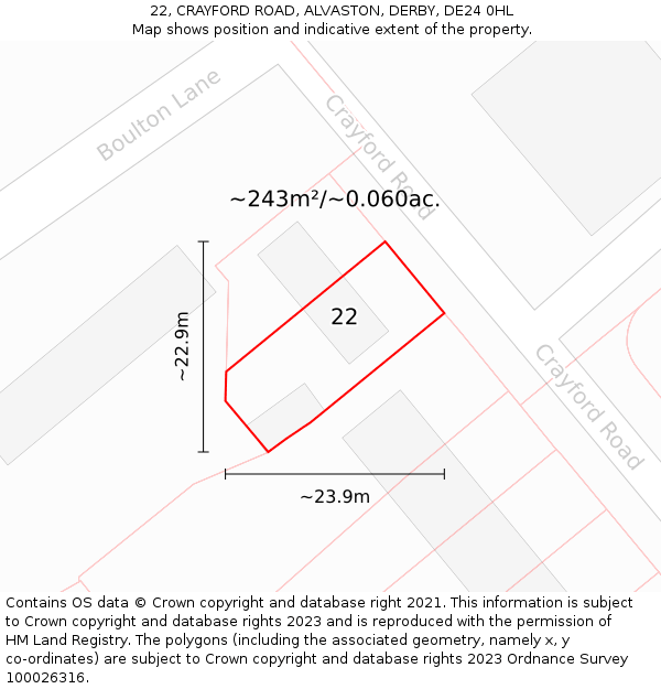 22, CRAYFORD ROAD, ALVASTON, DERBY, DE24 0HL: Plot and title map
