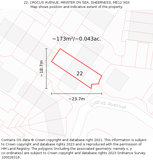22, CROCUS AVENUE, MINSTER ON SEA, SHEERNESS, ME12 3GX: Plot and title map