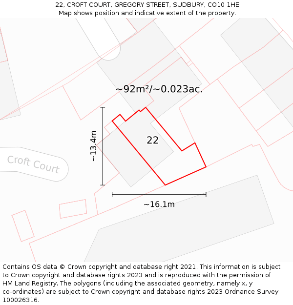 22, CROFT COURT, GREGORY STREET, SUDBURY, CO10 1HE: Plot and title map