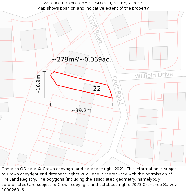 22, CROFT ROAD, CAMBLESFORTH, SELBY, YO8 8JS: Plot and title map