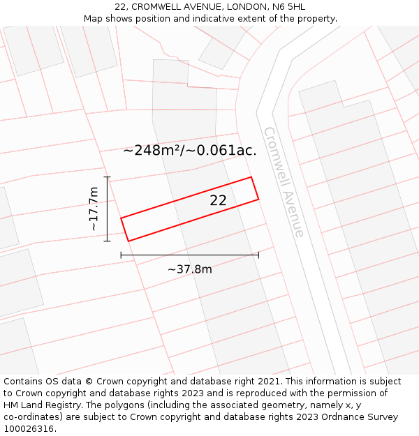 22, CROMWELL AVENUE, LONDON, N6 5HL: Plot and title map