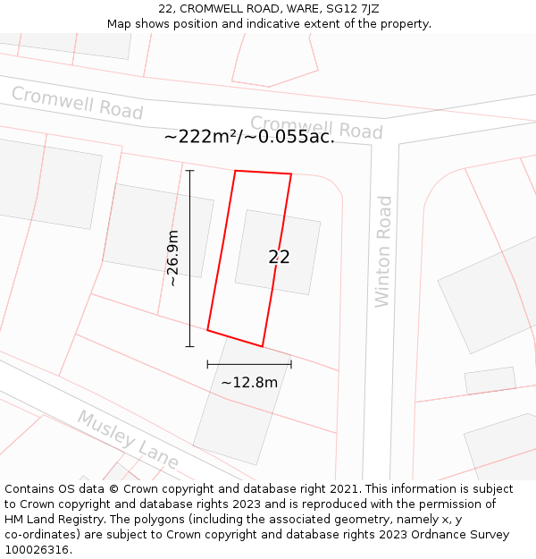 22, CROMWELL ROAD, WARE, SG12 7JZ: Plot and title map