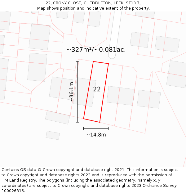 22, CRONY CLOSE, CHEDDLETON, LEEK, ST13 7JJ: Plot and title map
