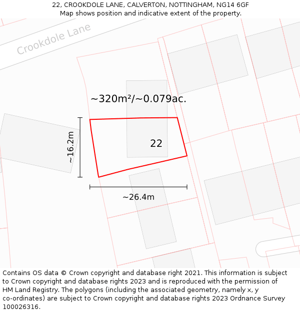 22, CROOKDOLE LANE, CALVERTON, NOTTINGHAM, NG14 6GF: Plot and title map