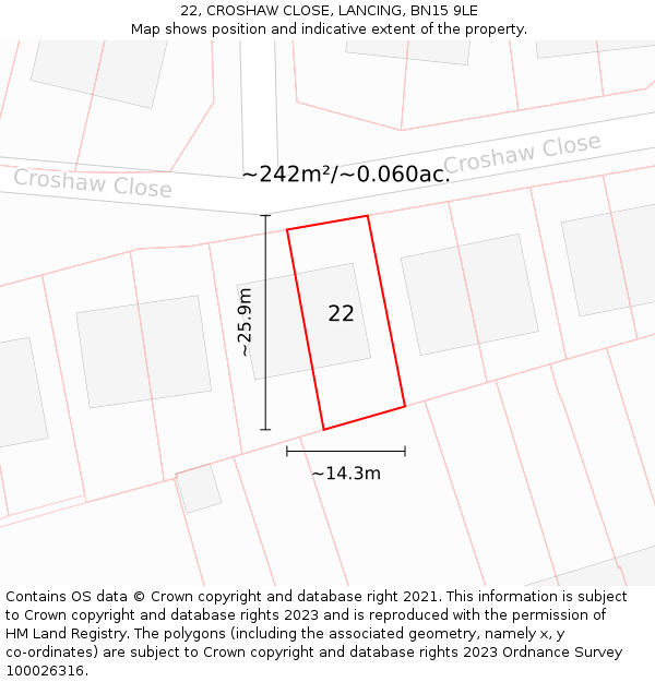 22, CROSHAW CLOSE, LANCING, BN15 9LE: Plot and title map