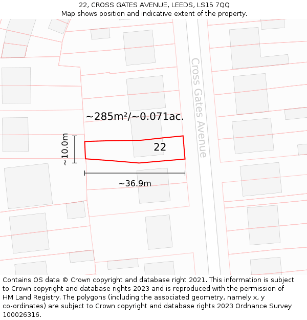 22, CROSS GATES AVENUE, LEEDS, LS15 7QQ: Plot and title map