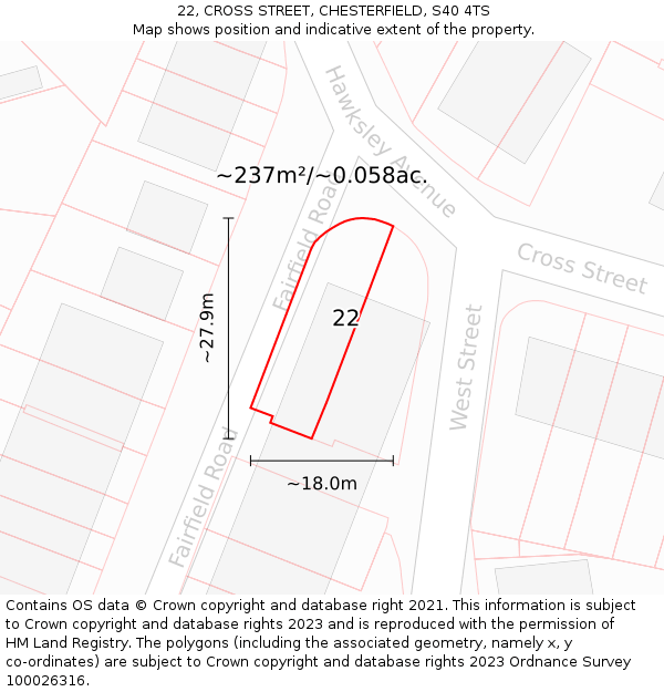 22, CROSS STREET, CHESTERFIELD, S40 4TS: Plot and title map