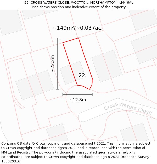 22, CROSS WATERS CLOSE, WOOTTON, NORTHAMPTON, NN4 6AL: Plot and title map
